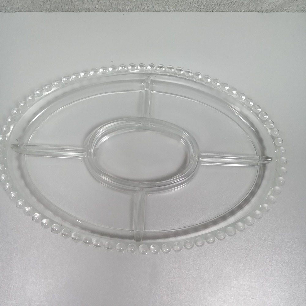 Vintage Clear Glass Divided Relish Dish Oval Beaded Rim Serving Tray 5 Section